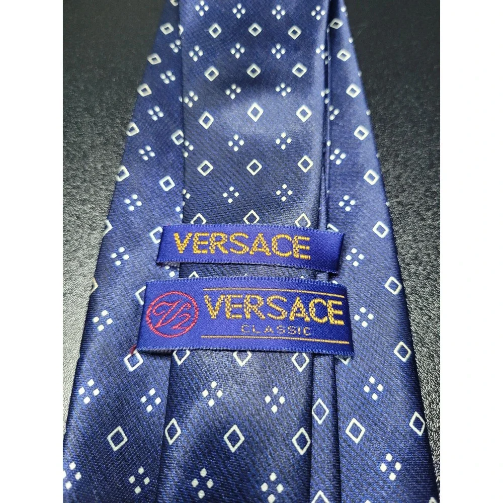Versace Men's Necktie Navy Blue Geometric Silk 3.75